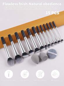 15pcs/6pcs Makeup Brush Set, Including Powder Brush, Blush Brush, Highlighter Brush, Eyeshadow Brush, Lash Brush, Eyeliner Brush, Angled Makeup Sponge, Round Makeup Sponge, Round Powder Puff, Triangle Powder Puff, Triangle Makeup Sponge For Loose Powder, Liquid Foundation Mixing Makeup Sponge, Beauty Makeup Tools,Brush Set,Makeup Brush Kit,Make Up Brush Set,Make Up Set Complete,Makeup Brush Set,Complete Makeup Kit,Brush Kit,Brushes Makeup Set,Makeup Gift Set - Silver - View 3