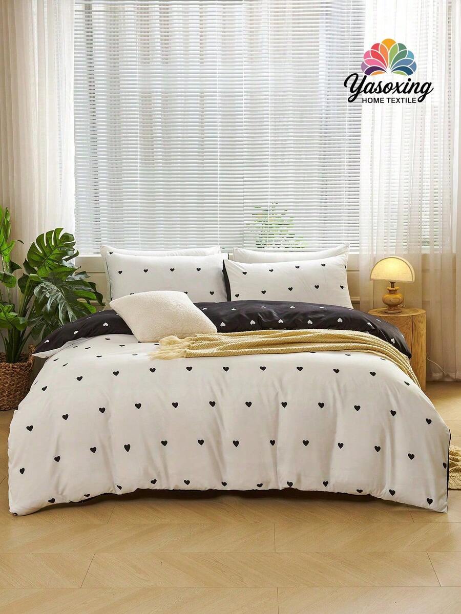 3pcs Black & White Reversible Heart Print Duvet Cover Set (1 Duvet Cover + 2 Pillow Shams, Pillow Insert Not Included), Soft Dual-Color Design, Suitable For Bedroom And Guest Room - White - View 1