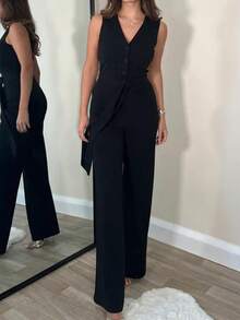 Elegant Basic French Retro High-Waisted Loose Straight-Leg Jumpsuit Pants, Suitable For Business, Commute And Daily Wear - Black - View 2