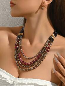2pcs Elegant Purple Crystal Beaded Necklace And Earrings Jewelry Set, Shiny Sophisticated Jewelry Set Suitable For Women's Daily Matching - Multicolor - View 4