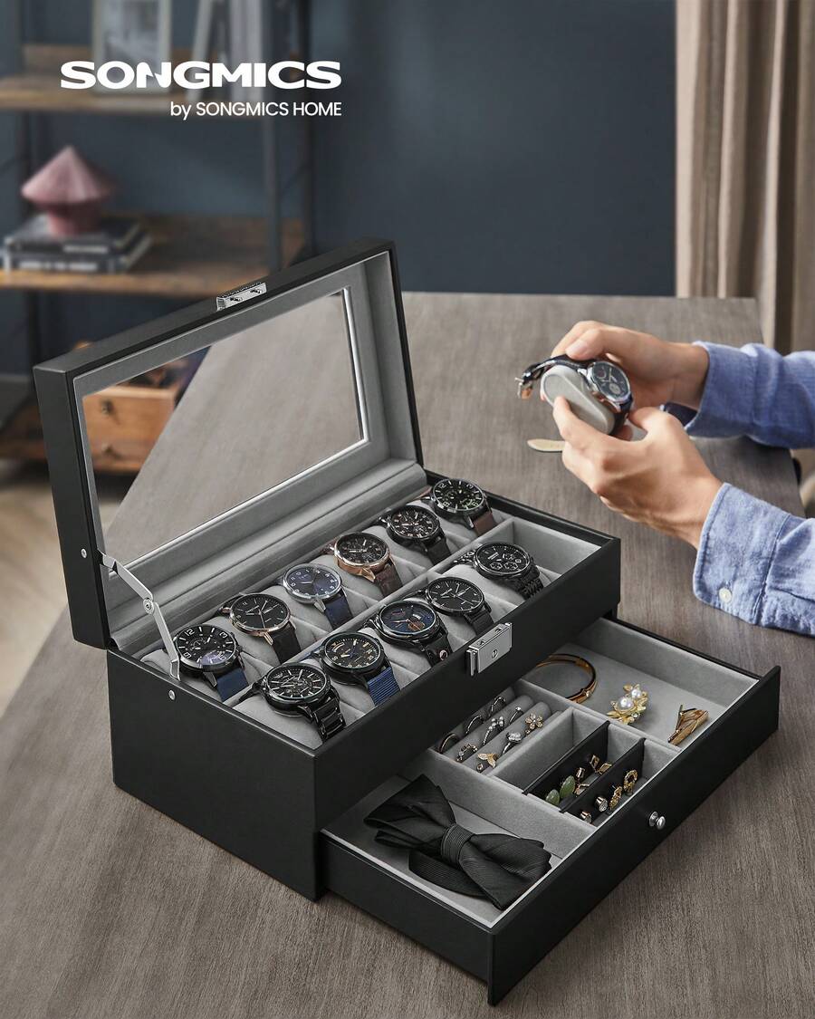 Watch Box, Watch Case With Glass Lid, 2-Tier Watch Display Case For 12 Watches, Lockable, 1 Drawer, For Rings, Bracelets, Gift Idea, Black Coating And Grey Lining - Black + Grey - View 1