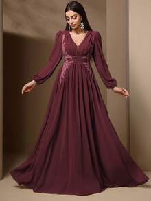 Vestido feminino com decote em V, manga comprida, cintura justa, verão - Borgonha - Ver 7