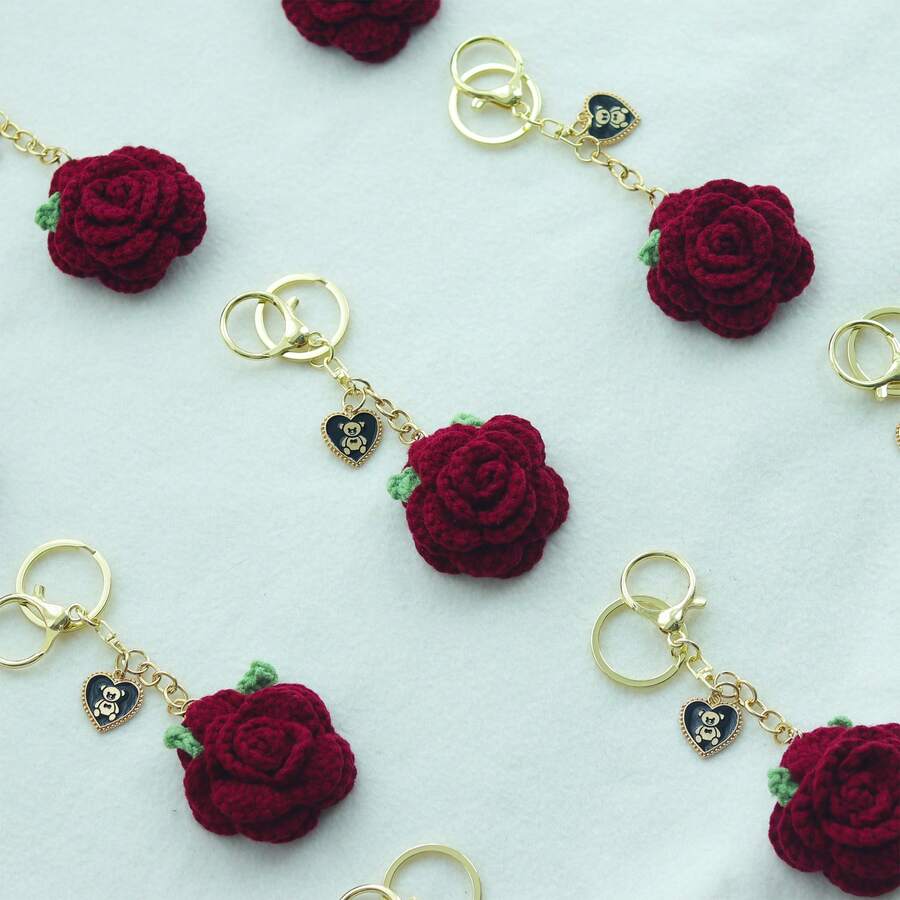 1/2件手工钩编勃艮第玫瑰花，可爱熊心钥匙扣，优质纱线，钩针花。适用于背包装饰、车钥匙装饰、婚礼派对礼物、周年纪念礼物、情人节礼物、女士礼物、毕业礼物、母亲节礼物和其他节日礼物。 - 酒紅色 - 查看 1