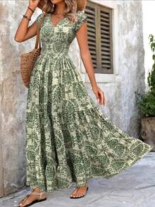 女式印花连帽袖抽绳腰A字休闲优雅连衣裙 - 綠色 - 查看 1
