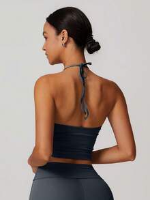 MASKERT 女士瑜伽服，带罩杯和吊带背心，高弹力运动上衣，居家通勤上衣T恤，穿着舒适 - 霧霾藍 - 查看 6