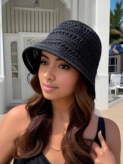 1pc New Summer Hollow Bucket Hat, Breathable Bucket Hat, Versatile And Casual, Shows Face, Suitable For Outing Play, Party Outdoor Wear Decoration, Foldable Water Barrel Hat