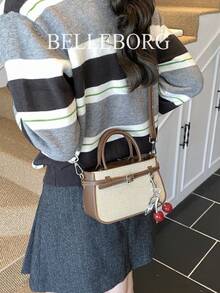 Casual Contrast Color Texture Versatile Commute Retro Leather Buckle Small Handbag With Pendant For Women - Coffee - View 9