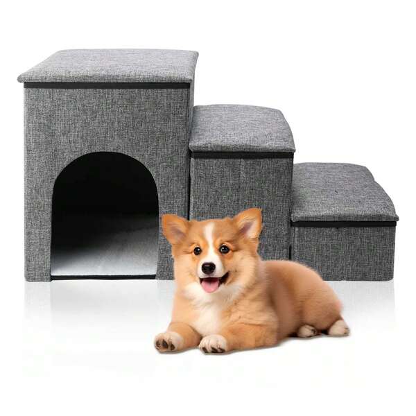Una escalera para mascotas para perros pequeños con espacio de almacenamiento, cama alta ajustable y escalones de sofá, una rampa para mascotas para perros pequeños y gatos, 3 niveles en gris.