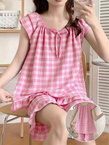 AICJ 2 件女式格子印花睡衣套装 - 柔软蝙蝠袖、前系带、圆领上衣、短裤、宽松版型、鲜艳印花设计、时尚春夏季睡衣套装 - 粉色 - 查看 1