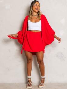 Kimono Set Shorts Skirt + Kimono Women's Blogger Max Shirt Cardigan - 紅色 - 查看 3