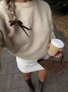 FOR BEAUTY 秋冬新款温柔风格长袖圆领针织衫，韩版甜美街头风休闲宽松套头毛衣，春季女装