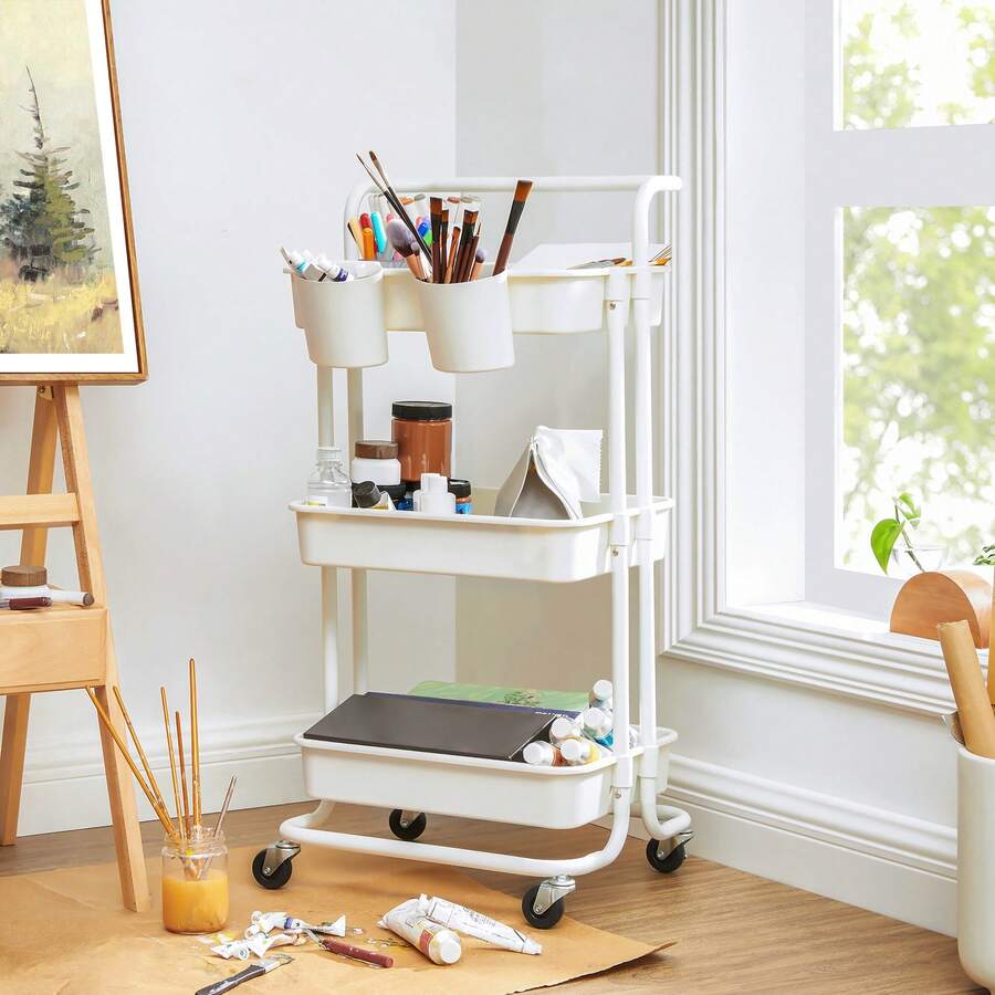SONGMICS Carrello mobile a 3 livelli, carrello con ruote, scaffale con manico, 2 barattoli, 2 freni, cestelli in plastica, montaggio semplice, per camera da letto, cucina, bianco - Bianco - Visualizzare 1