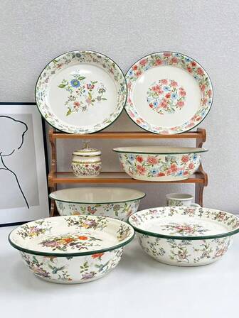 1 st, 2 st, lantlig stil, fräsch och retro emaljbricka, dekaldekoration, högkvalitativt utseende och multifunktionell fruktfat, nötfat, bakverkstallrik, pizzatallrik, kinesisk grillte-tallrik, utsökt heminredningsartikel, speciell festival- och födelsedagsfest-middagstallrik, utomhuspicknick- och campingmatstallrik