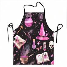 1pc Purple Magic Book & Hat Print Polyester Apron - Witchy Kitchen Baking Apron With Spellbook, Cauldron, And Magical Motifs, Lightweight & Durable For Home Cooking, Baking