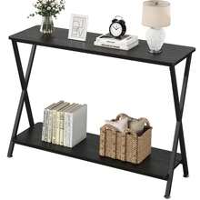 Mesa de entrada, mesa de exhibición industrial de dos niveles con estantes, mesa estrecha para pasillo, vestíbulo, sala de estar, dormitorio - Negro - Ver 7