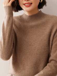 Suéter de cuello alto medio de color liso para mujer, suéter de viaje, suéter de manga larga, suéter casual para todo tipo de combinaciones - Caqui - Ver 4