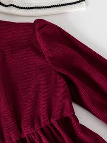 Young Girl Simple Fashion Spring/Autumn Dress, Toddler Girls' Solid Color Round Neck Long Sleeve Elastic Waist Casual Dress, Girls Outdoor Stylish Soft Energetic Clothing - Burgundy - View 5