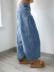 Quần ống đứng dáng rộng, dáng suông, chất liệu denim, cá tính, thời trang, đi làm hàng ngày, thiết kế túi trước sành điệu cho nữ - Rửa trung bình - Xem 2