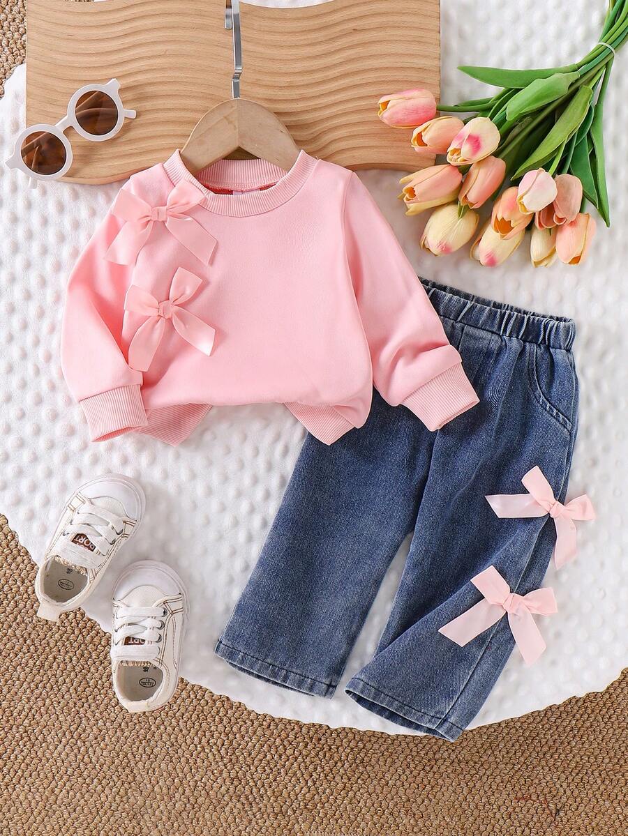 2 件女婴可爱休闲套装 - 粉色蝴蝶结圆领运动衫上衣和粉色蝴蝶结松紧腰牛仔裤套装，春秋 - 粉色 - 查看 1