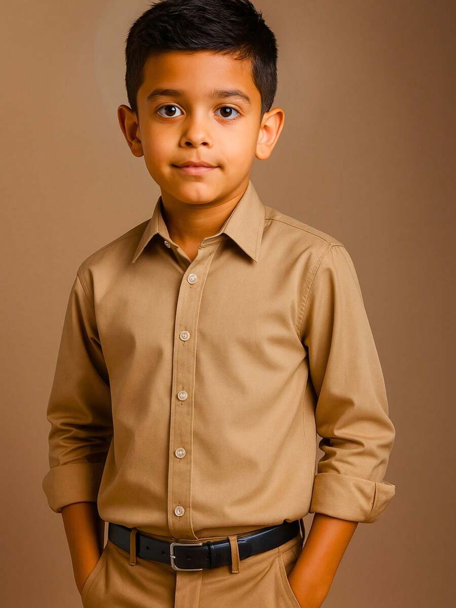 Premium Line Children's White Long Sleeve Button Down Shirt - Mocha Brown - View 1