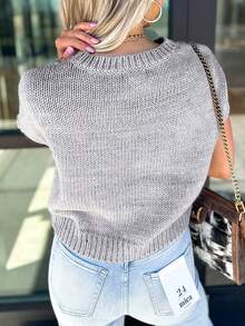 Acelitt 女士浅灰色休闲罗纹圆领短袖毛衣，饰有可爱蝴蝶结贴花，适合秋夏季穿着 - 灰色 - 查看 2