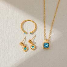 Bộ 3 món mạ đồng tối giản đính đá Cubic Zirconia và ngọc lục bảo giả. Dây chuyền, nhẫn hở và bông tai. - bộ đồ - Xem 2