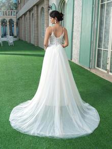 ANGELAG Spaghetti Strap Deep V Lace Embroidery Beaded Outdoor Slit Long Wedding Dress - Rice Skin - View 9