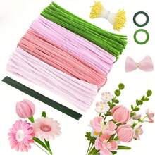 100/783pcs Pink Fuzzy Tulip Poppy Flower Set - Perfect For Valentine's Day, Mother's Day, Christmas, New Year, Holidays, Beginner Fuzzy Flower Stem Set, Home Decor Crafting Kit - Multicolor - View 3