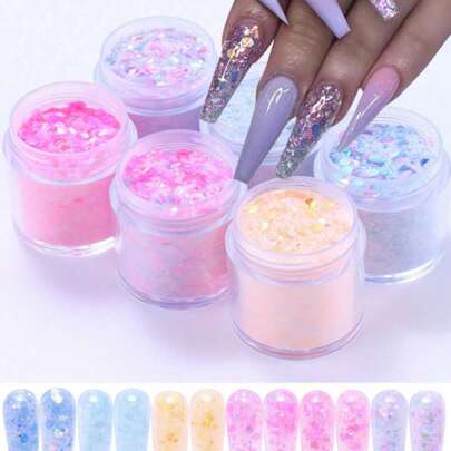 6 件套亚克力闪光指甲粉套装粉色蓝色彩色美人鱼美甲彩虹六角形亮片亚克力粉套装女士女孩 DIY 法式美甲亚克力按压指甲