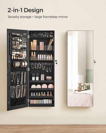 SONGMICS Mirror Jewelry Cabinet, Wall Or Door Mounted Jewelry Storage, Lockable, With 2 Plastic Cosmetic Organizers, Back To School Dormitory Storage