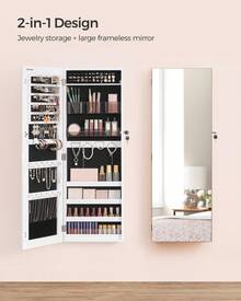 SONGMICS Mirror Jewelry Cabinet, Wall Or Door Mounted Jewelry Storage, Lockable, With 2 Plastic Cosmetic Organizers - 白色 - 查看 2