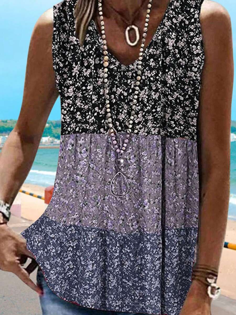 Summer New Color Block Splicing Small Floral Print Fashionable Casual Vacation Style Women's Vest - Navy Blue - View 1