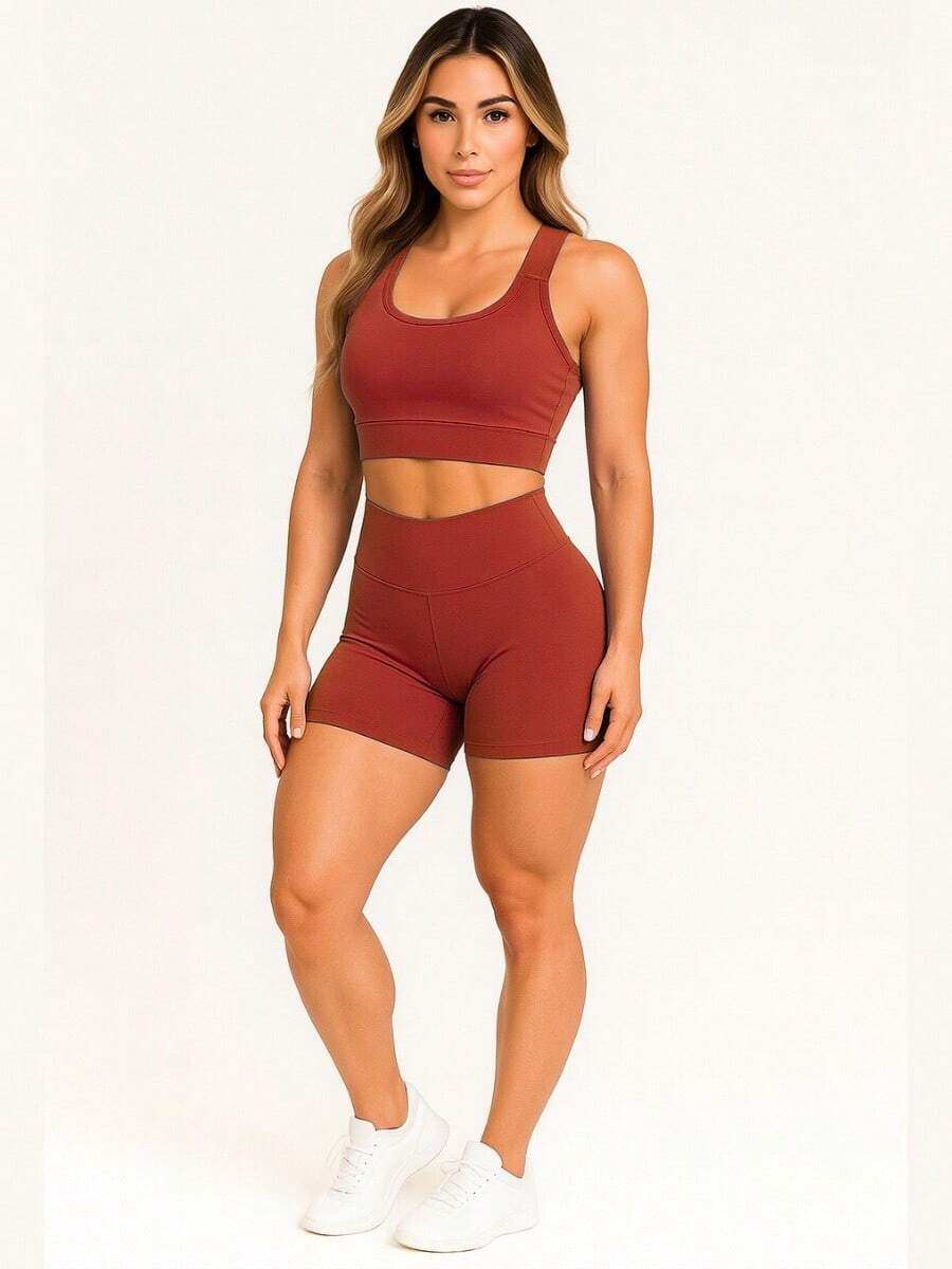 AKORIO MODAS Women's Fitness Fashion Top And Short Set Yoga Running A11 - Terracotta - View 1