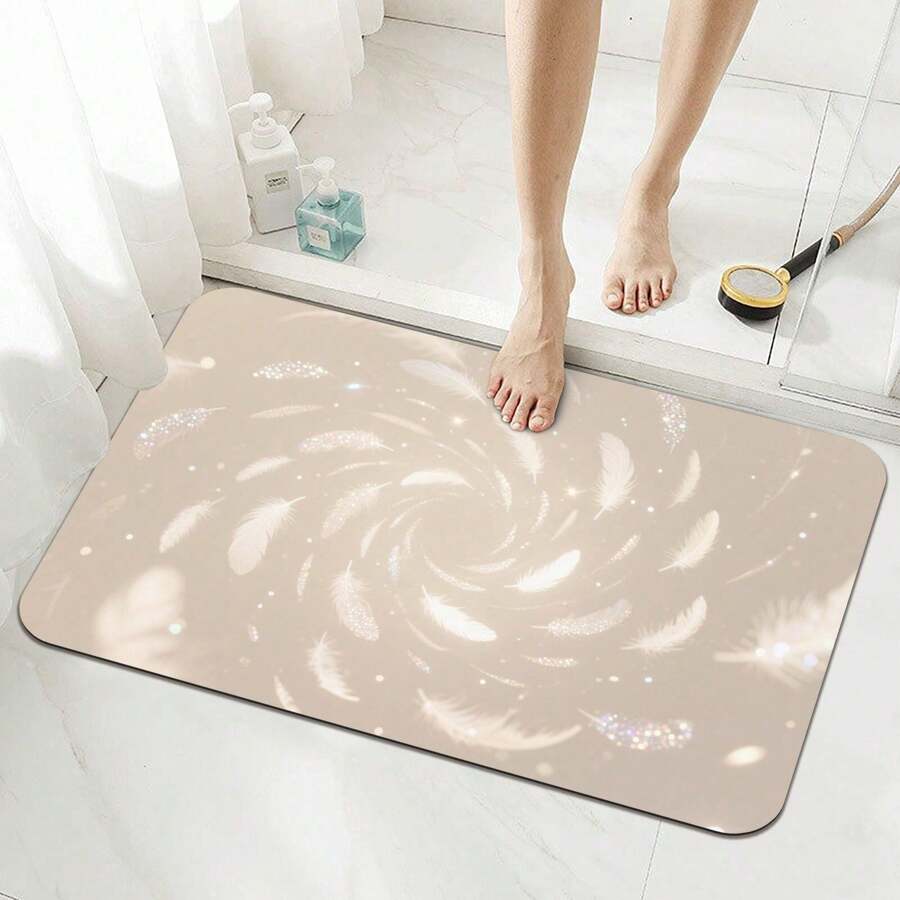 1pc Ethereal Feather Glitter  Pattern Diatom Mud Floor Mat Absorbent Mat Toilet Door Quick Drying Non-Slip Mat Foot Mat Toilet Kitchen Carpet Soft Mat Home Bathroom Decor Bath Rug Outdoor Rug Door Mat Bathroom Accessories