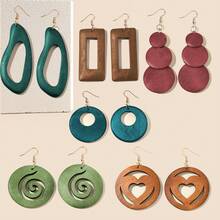 6 Pairs/Set, Colorful Laser Engraved Geometric Pattern Wooden Earrings, Suitable For Daily Casual Wear And Mother's Day - 6 Pairs - View 9