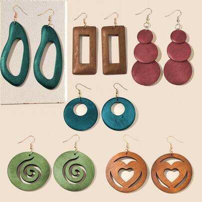 6 Pairs/Set, Colorful Laser Engraved Geometric Pattern Wooden Earrings, Suitable For Daily Casual Wear And Mother's Day