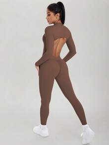 MASKERT Sportswear Jumpsuit, Backless Jumpsuit, Long Sleeve Jumpsuit, Workout Fitness Jumpsuit, Yoga Jumpsuit, Casual Comfortable Shapewear Jumpsuit Spring - Coffee Brown - View 7