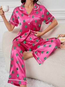 Women's Cactus Satin Pajamas Set Short Sleeve Button Down Nightwear With Long Pants Pajama Sets For Women Halloween Christmas New Year - 粉紅色仙人掌 - 查看 5