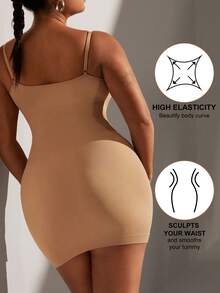 1件装加大码女士束腰连衣裙，无缝胸部和腰部系带连衣裙，加大码女士塑身裙连体裤，夏季 - 卡其色 - 查看 3