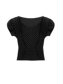 女式休闲系带领简约波尔卡圆点印花修身T恤