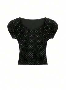 Women's Casual Lace-Up Neck Minimalist Polka Dot Print Slim Fit T-Shirt