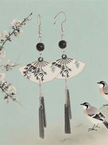 1 对中国风银扇珍珠耳环，复古镂空扇形甜美耳环，适合女士 - 長白色 - 查看 2