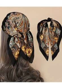 1pc New Satin Square Scarf For Men And Women 70*70cm Satin Floral Geometric Pattern, Elegant Retro Bohemian Style Headscarf, Fashionable And Versatile Neutral Square Scarf, Suitable For Daily And Casual Occasions, Can Also Be Used As A Holiday Gift