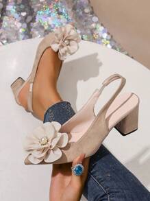 女式米色仿花高跟鞋，优雅粗跟，包头凉鞋，时尚尖头米色高跟鞋，踝带设计，百搭连衣裙、旗袍、舞蹈 - 米色 - 查看 1