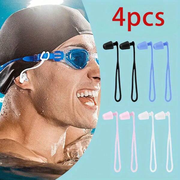 4 Pairs Of Silicone Lapping Swimming Earplugs - Waterproof, Anti-Loss, Comfort Fit With Hanging Rope For Adults & Youngsters, Durable & Flexible Design For Sports & PoolSwimming