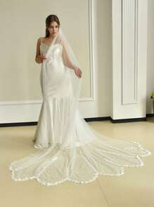 1 件长款新娘面纱带发梳，不对称叶子刺绣装饰，简约百搭，适合婚纱，纯色休闲尼龙材质女士秋装