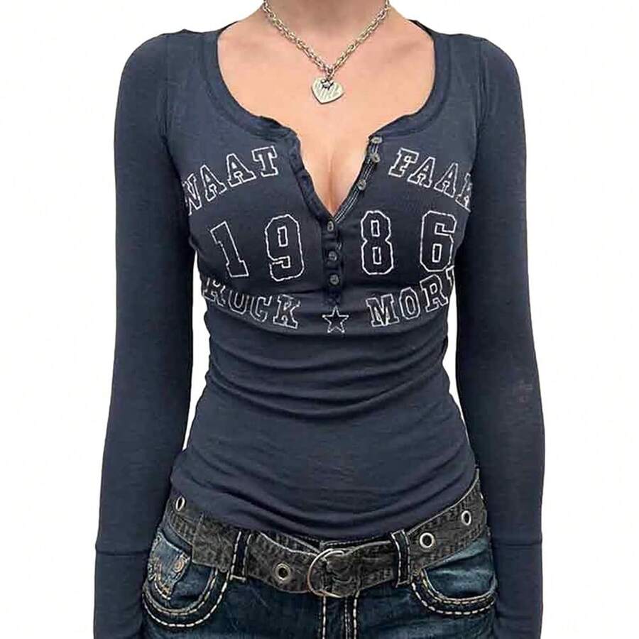 Women's Y2K Long Sleeve Henley T Shirts Button Down Slim Fit Vintage Casual Tops Graphic Crop Tops--Back To School - 藍色 - 查看 1