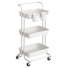 SONGMICS Carrello mobile a 3 livelli, carrello con ruote, scaffale con manico, 2 barattoli, 2 freni, cestelli in plastica, montaggio semplice, per camera da letto, cucina, bianco - Bianco - Visualizzare 7