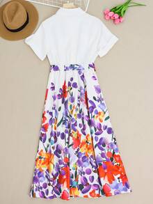 New Women's Clothing Flower Print Round-Neck Waist-Tight Fashion Elegant Button-Up Swing Dress - Multicolor - View 3