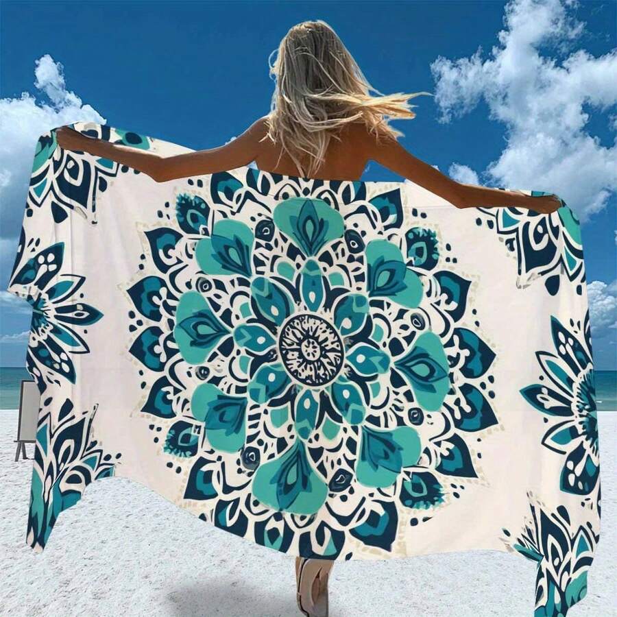 1Pc Mandala Series Bohemian Beach Blanket, Turquoise & White Mandala Print Chiffon Rectangular Multi-Way Cover-Up, Lightweight Beach Towel Skirt For Women, Poolside & Swimwear Accessory, Elegant Coverup, Soft Texture - 樣式 1 - 查看 1